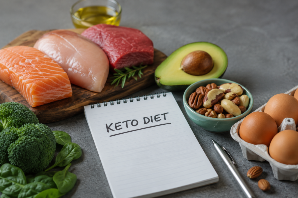 Alimenti tipici della dieta chetogenica, tra cui salmone, uova, avocado, frutta secca e olio d'oliva, disposti su un piano con la scritta "keto diet".