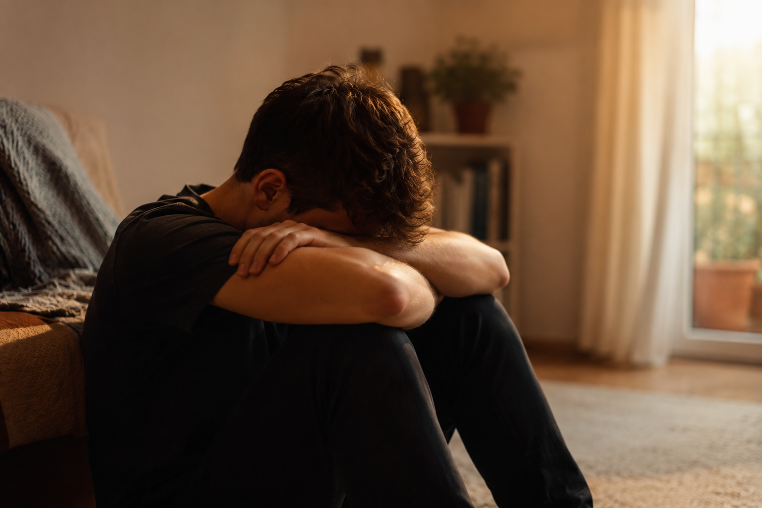 Persona che affronta un momento di ansia, guardando fuori dalla finestra