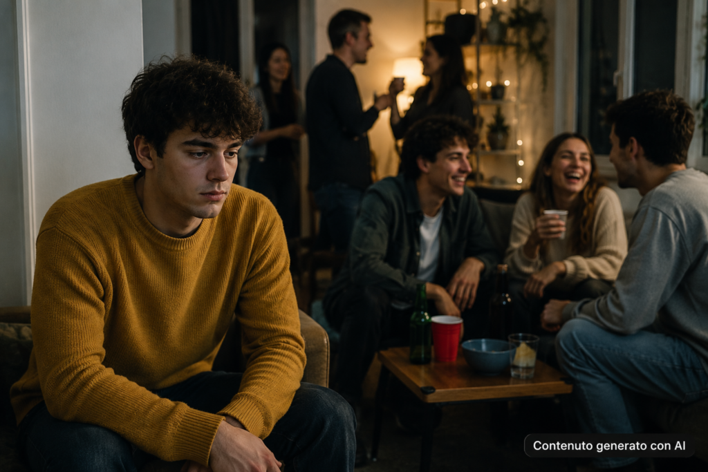 L'immagine mostra un giovane ragazzo ad una festa che vive un forte senso di disagio, si isola e non socializza. L'immagine rappresenta un ragazzo che soffre di disturbo da ansia sociale.